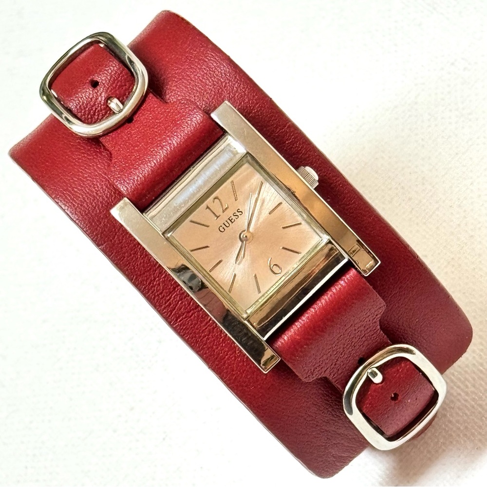 Vintage Guess Women's Tank Watch Red Leather Cuff Silver 1990's Retro Punk